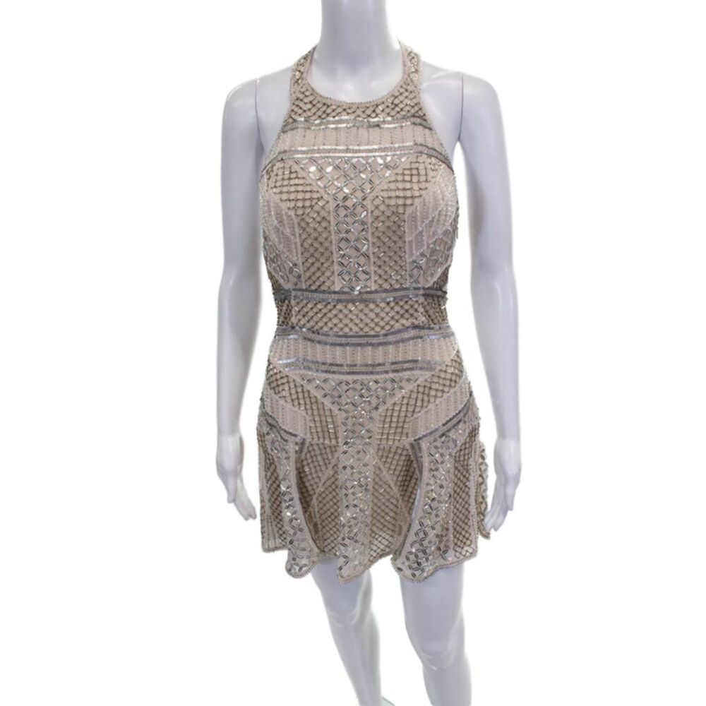 Parker Women Sheath Dress Silk Beige Halter Sleeveless Zip Above Knee Size 4